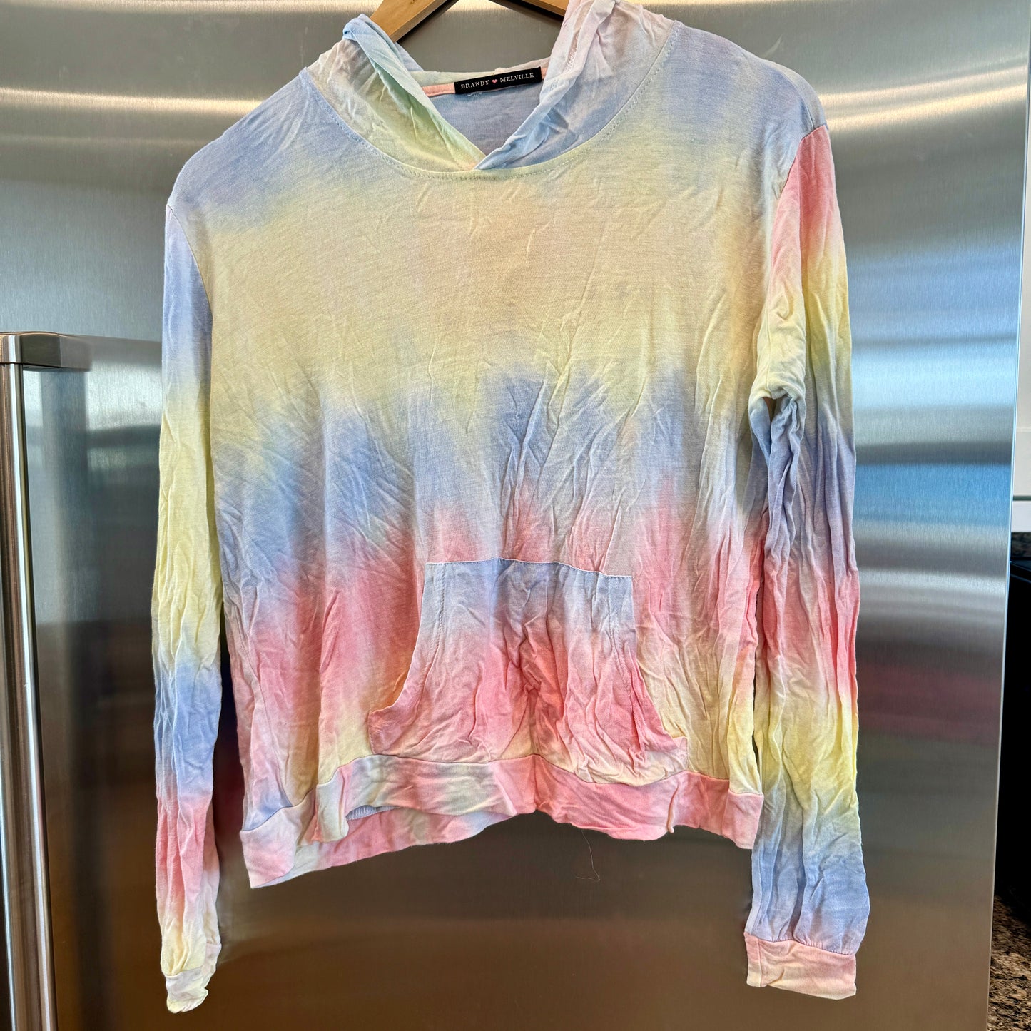 Brandy Melville Tyedye Rainbow Pastel Pullover Hoodie Tie-dye blue yellow *Pre-Owned