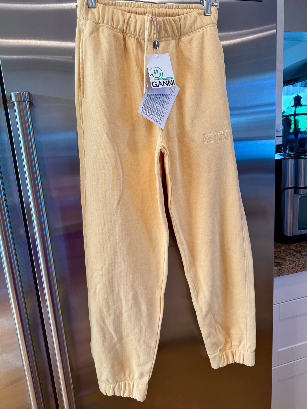 Ganni Isoli Sweatpants in Yellow French Terry Cotton with embroidered logo