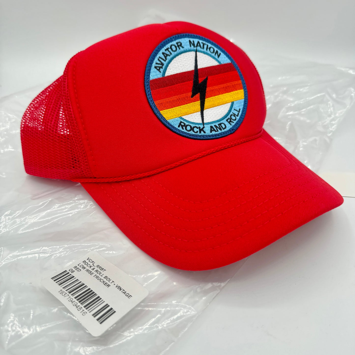 Aviator Nation Bolt Trucker Hat in Red with Rock and roll logo patch