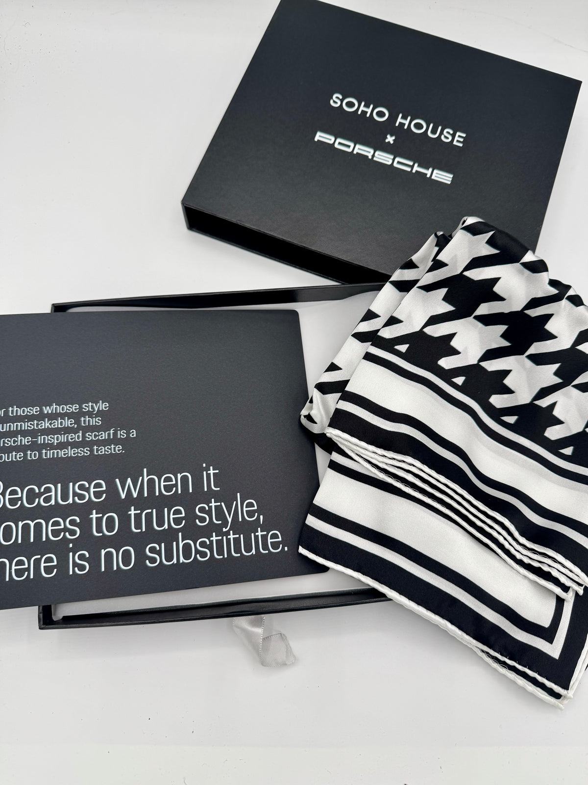 Porsche x Soho House Satin Pepita Black / White Houndstooth Heritage Pasha Scarf Bandana