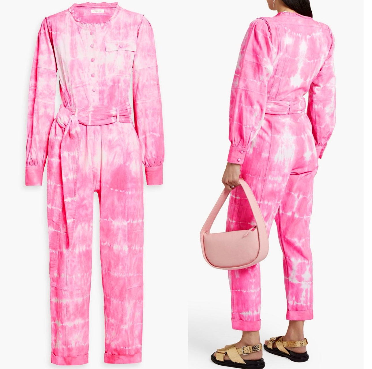 LoveShackFancy Paca Jumpsuit in Hibiscus Hand Dyed Pink white Tie-dye