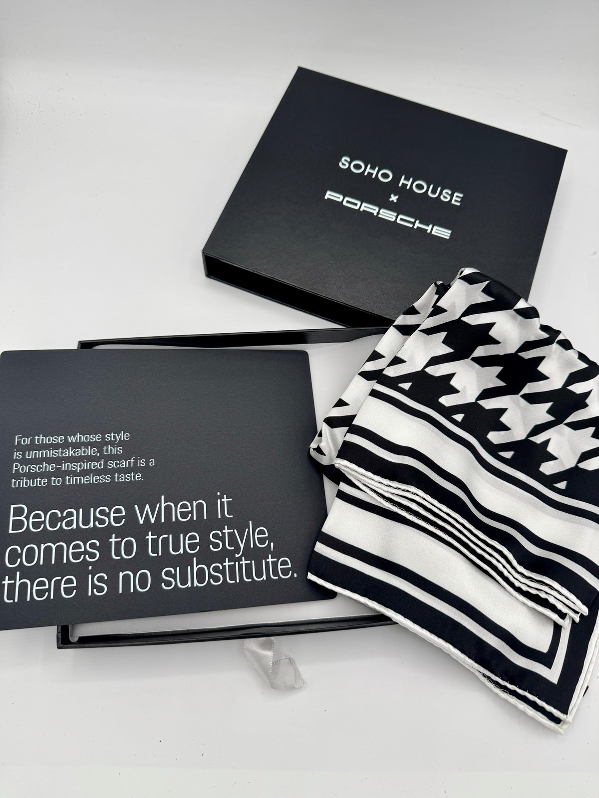 Porsche x Soho House Satin Pepita Black / White Houndstooth Heritage Pasha Scarf Bandana