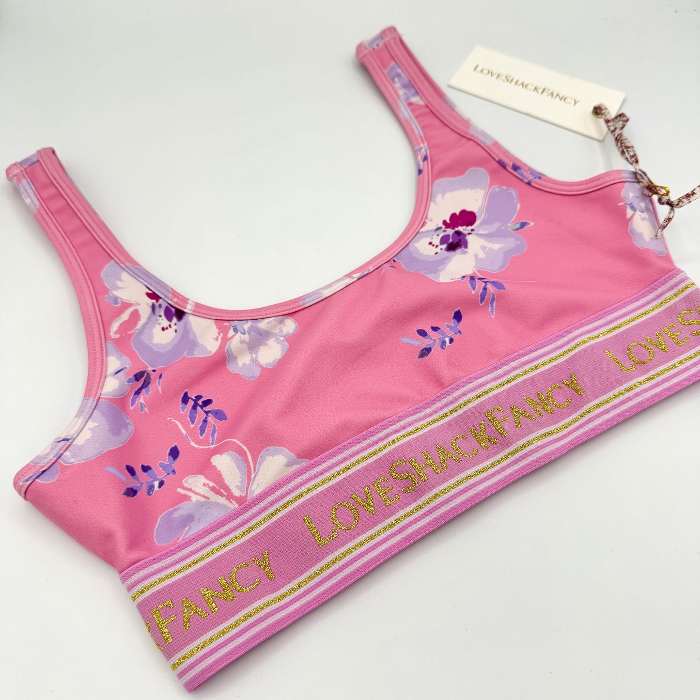 LoveShackFancy Ornice Sports Athletic Bra Light Pink Floral Gold Logo Flower