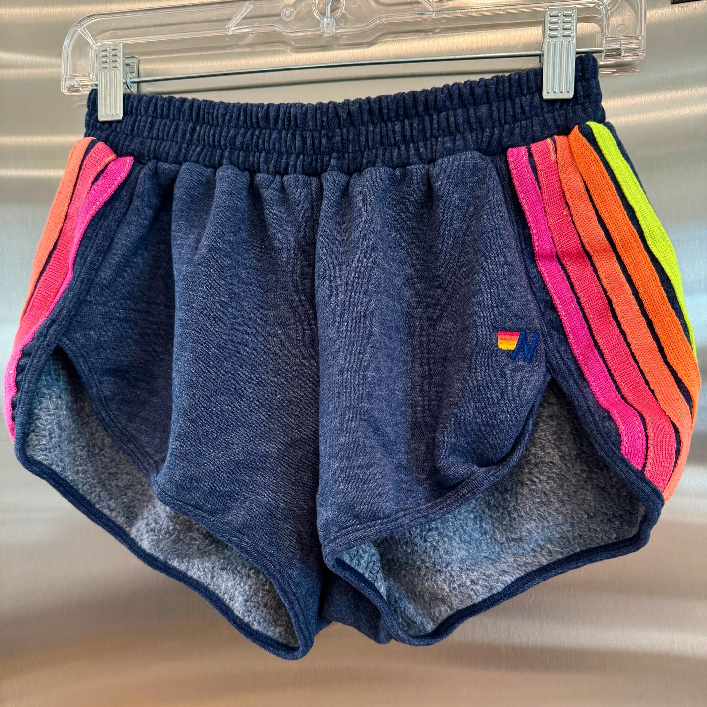 Aviator Nation 5 Stripe Jogger Shorts in Navy Blue / Neon Pink Orange Multi