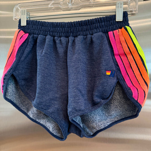 Aviator Nation 5 Stripe Jogger Shorts in Navy Blue / Neon Pink Orange Multi