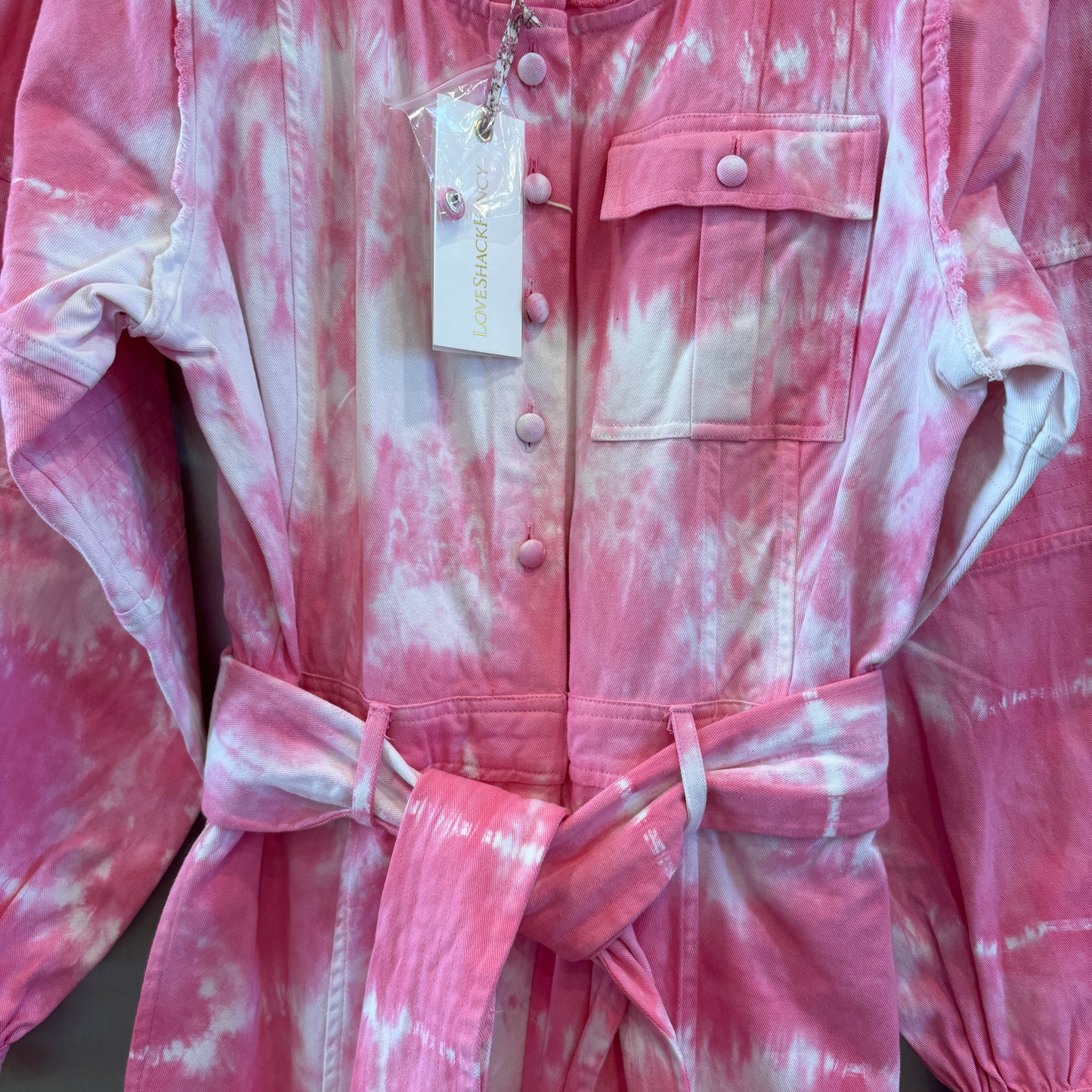 LoveShackFancy Paca Jumpsuit in Hibiscus Hand Dyed Pink white Tie-dye