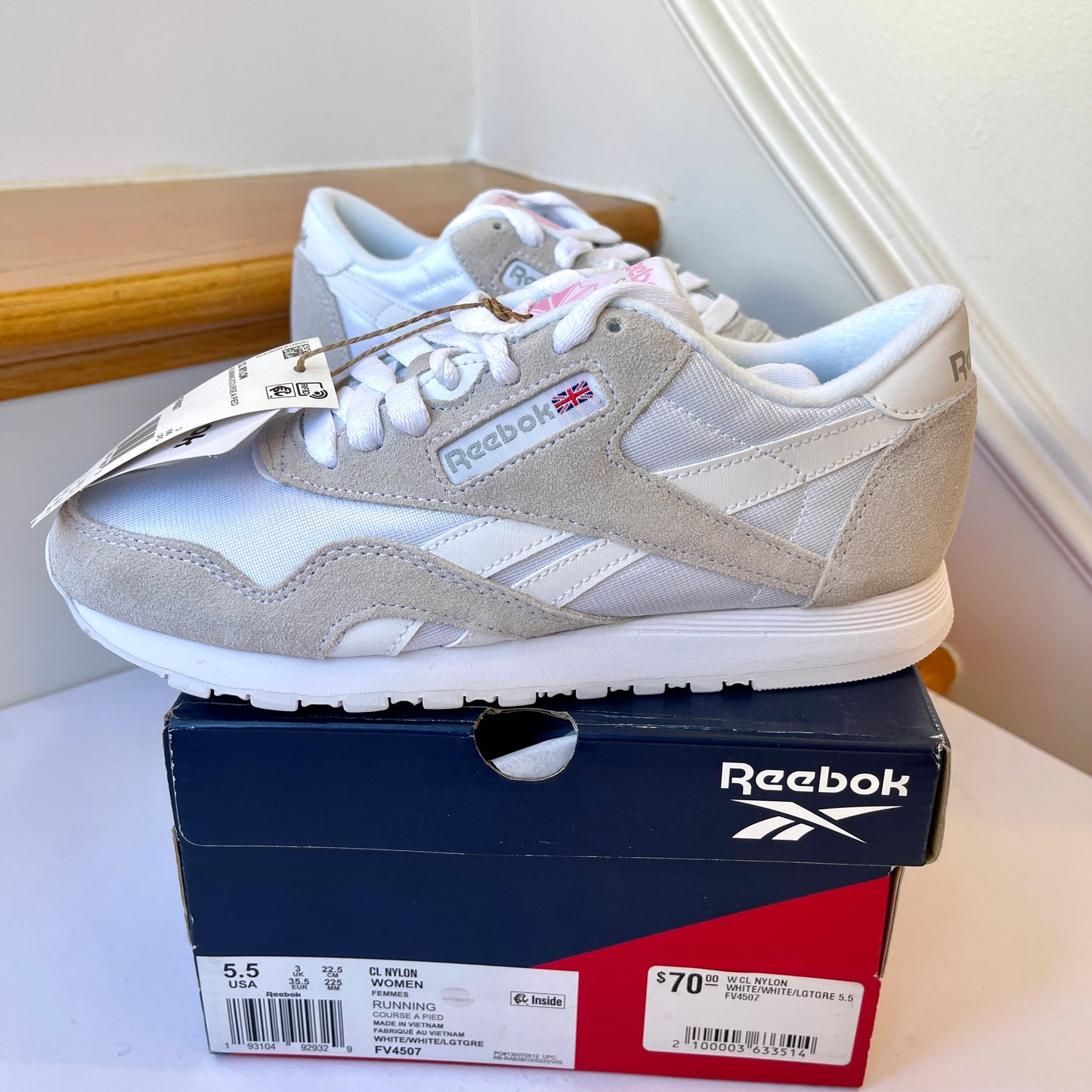 Reebok CL Nylon White Womens Sneakers classic grey shoes