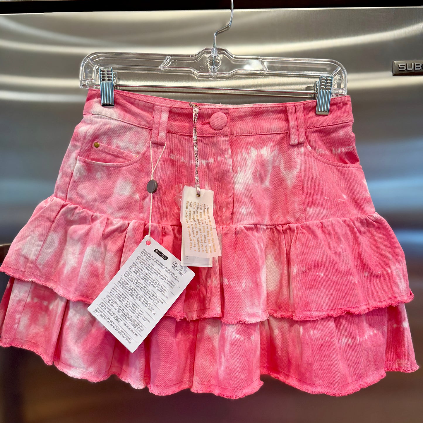 LoveShackFancy Landen Mini Skirt Hibiscus Pink Hand Dye Tiered Ruffle