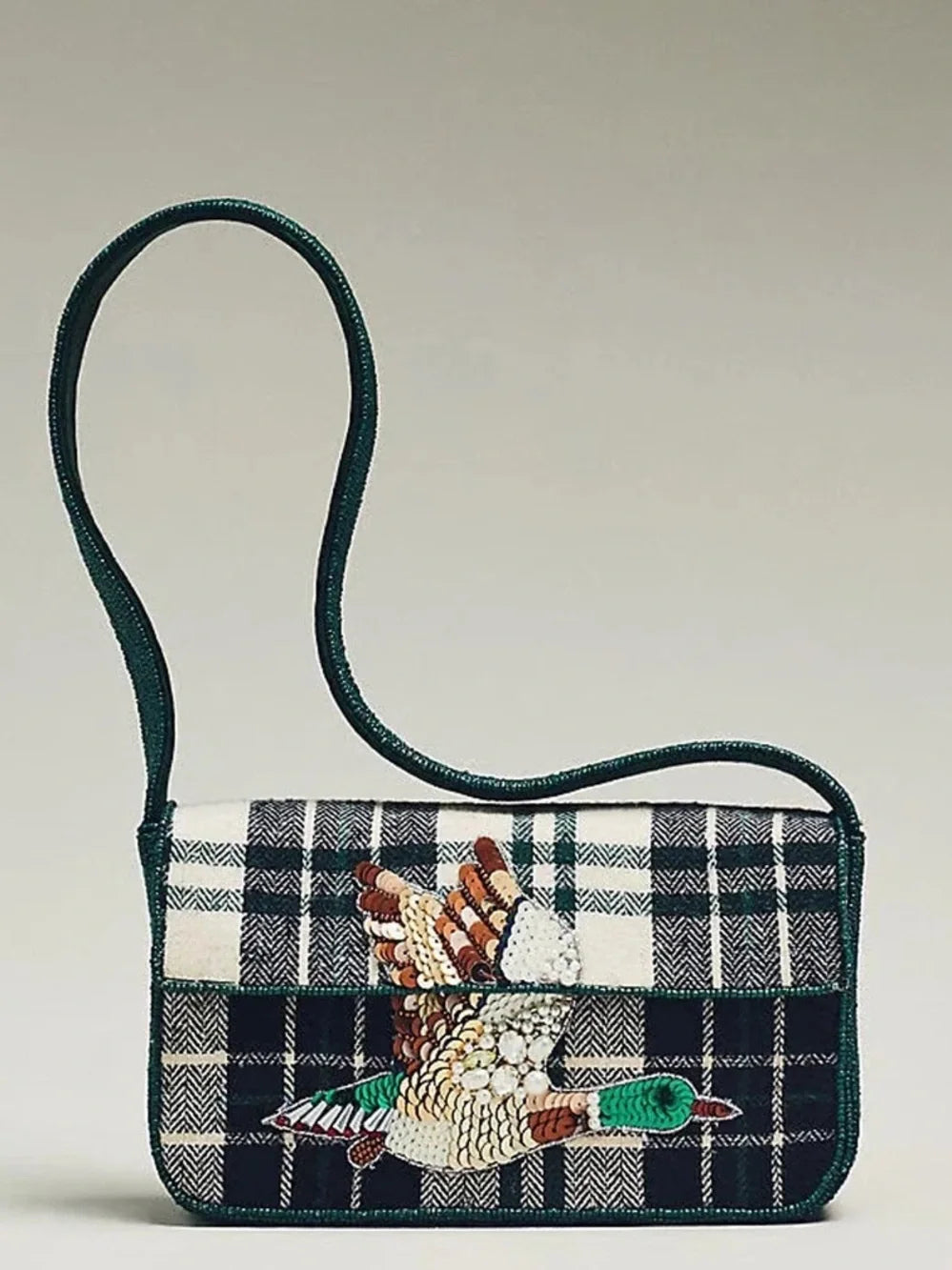 Anthropologie Green Plaid Flannel Fiona Beaded Bag Animal Edition Duck Purse