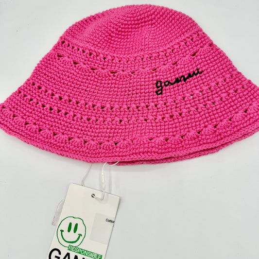 Ganni Crochet Knit Bucket Hat Shocking Pink Logo