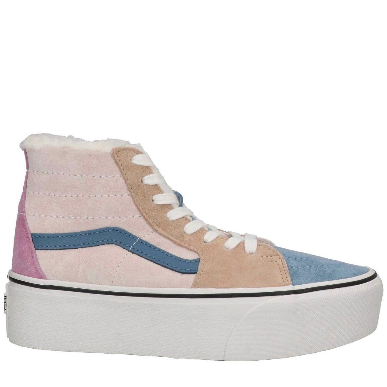 Vans Sk8 Hi Pig Suede Multi Sherpa platform sneakers pink blue tan unisex