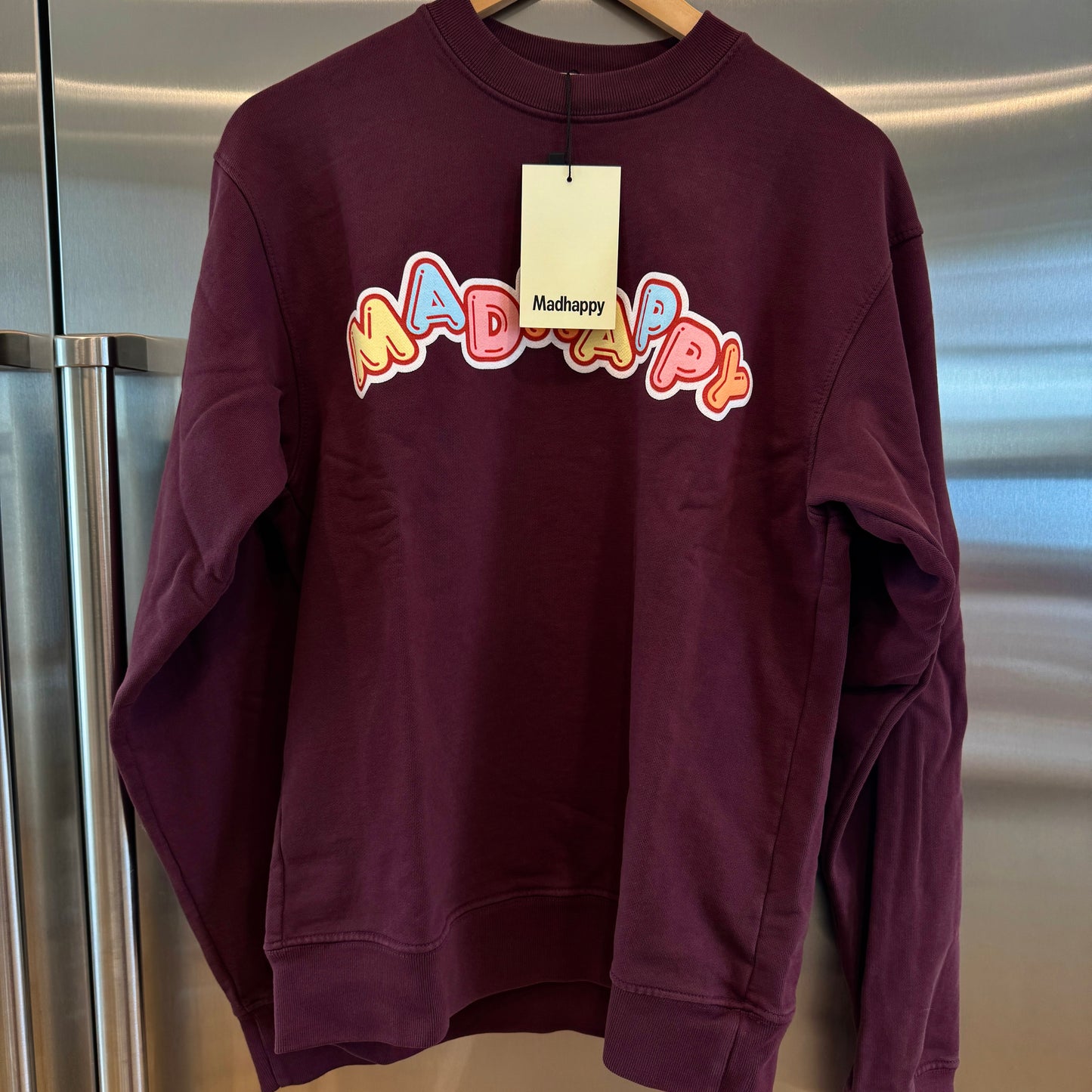 MadHappy Crush Universal Crewneck in Maroon Dark Red Candy Block Letters