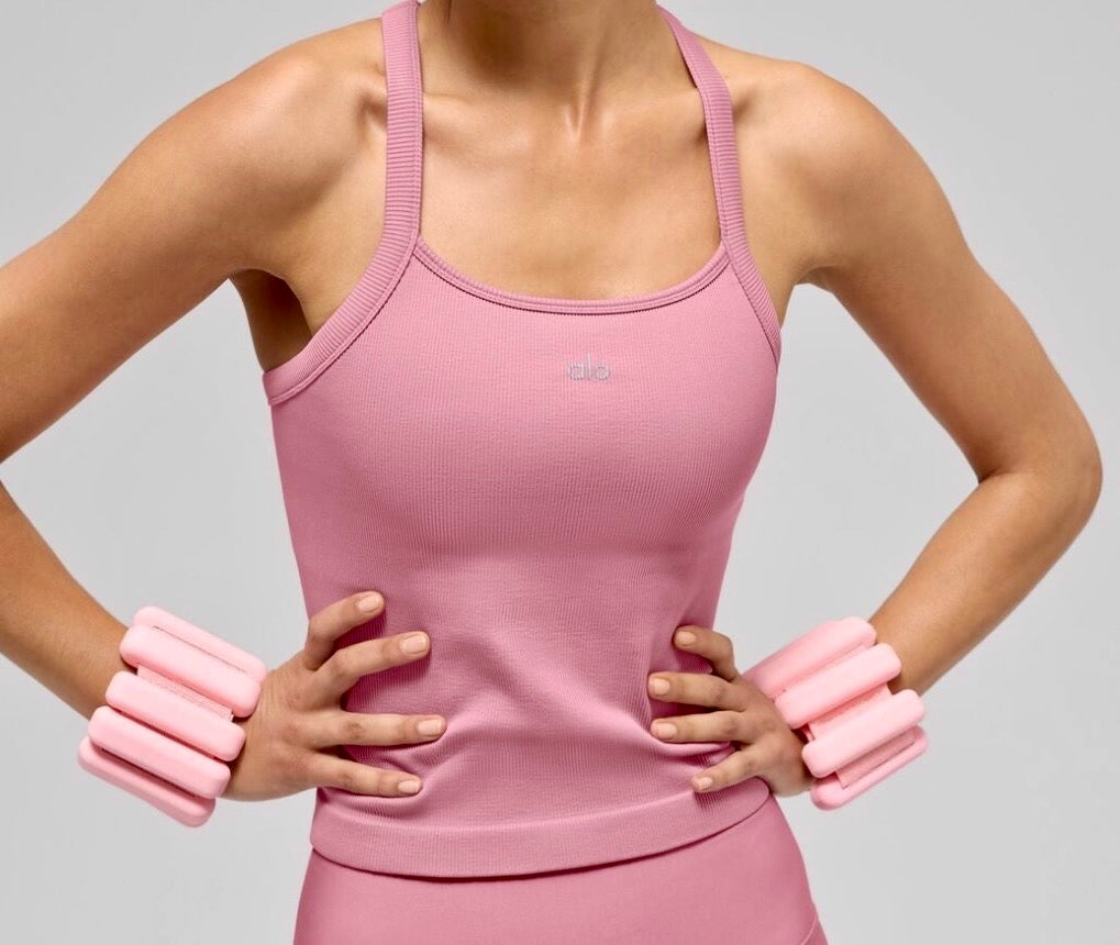 Alo Matching Set- Match Point Shorts and Seamless Ribbed Favorite Full Length Bra Tank Top in Pink Wild Rose