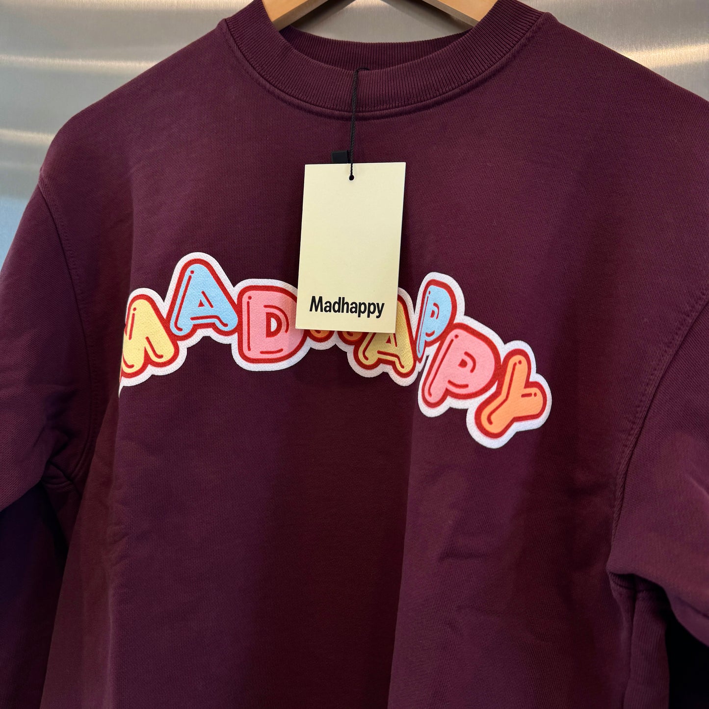 MadHappy Crush Universal Crewneck in Maroon Dark Red Candy Block Letters