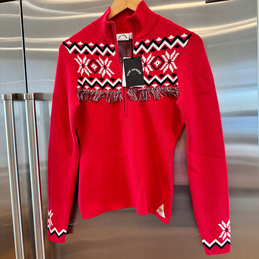 The Upside Keystone Blanche Half Zip Sweater in Red with fringe
