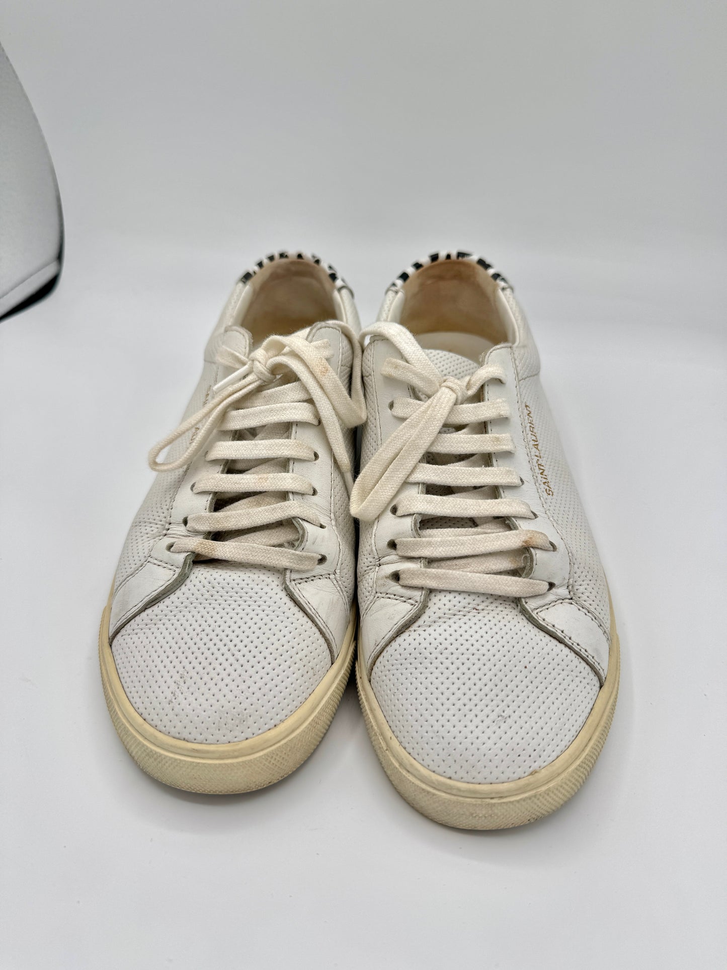 Saint Laurent Pre-Owned Perforated Andy leather sneakers in white with leopard trim
