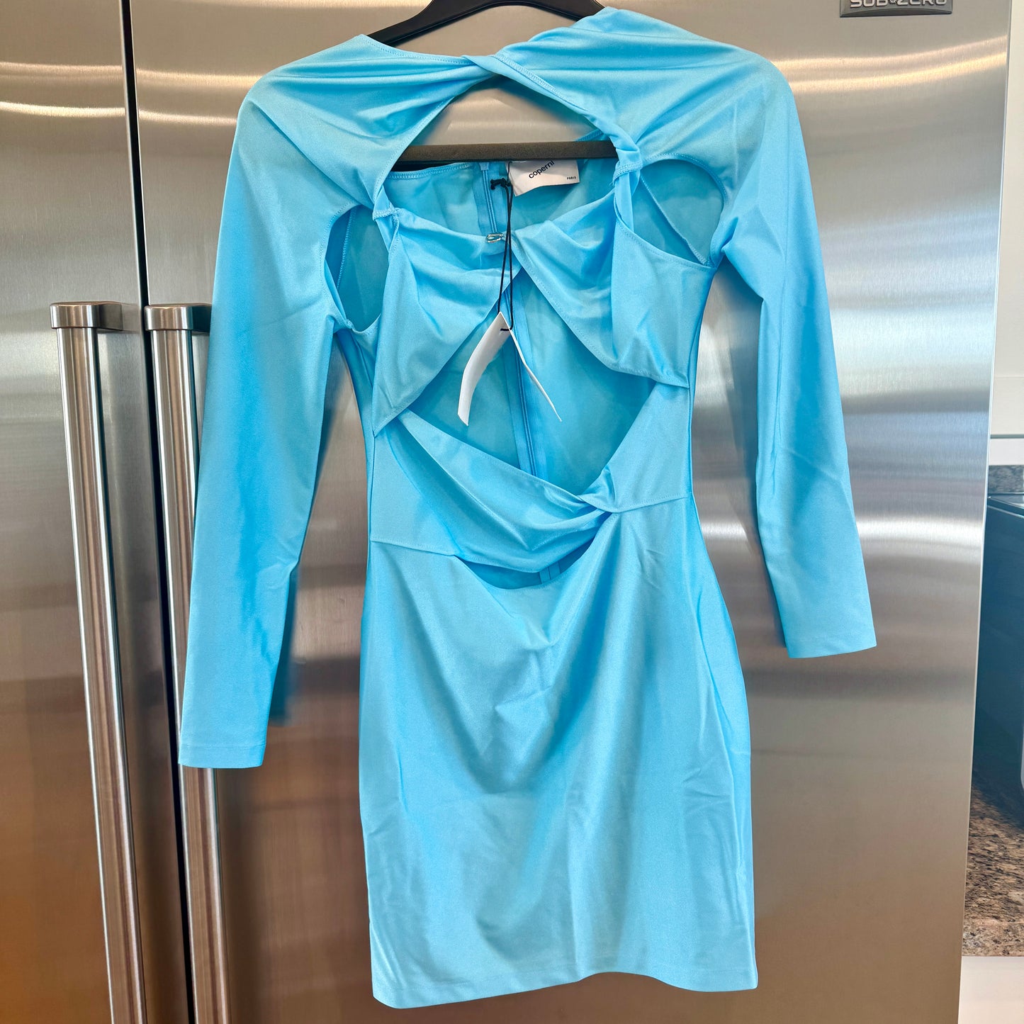 Coperni cutout mini dress jersey turquoise blue body con long sleeve