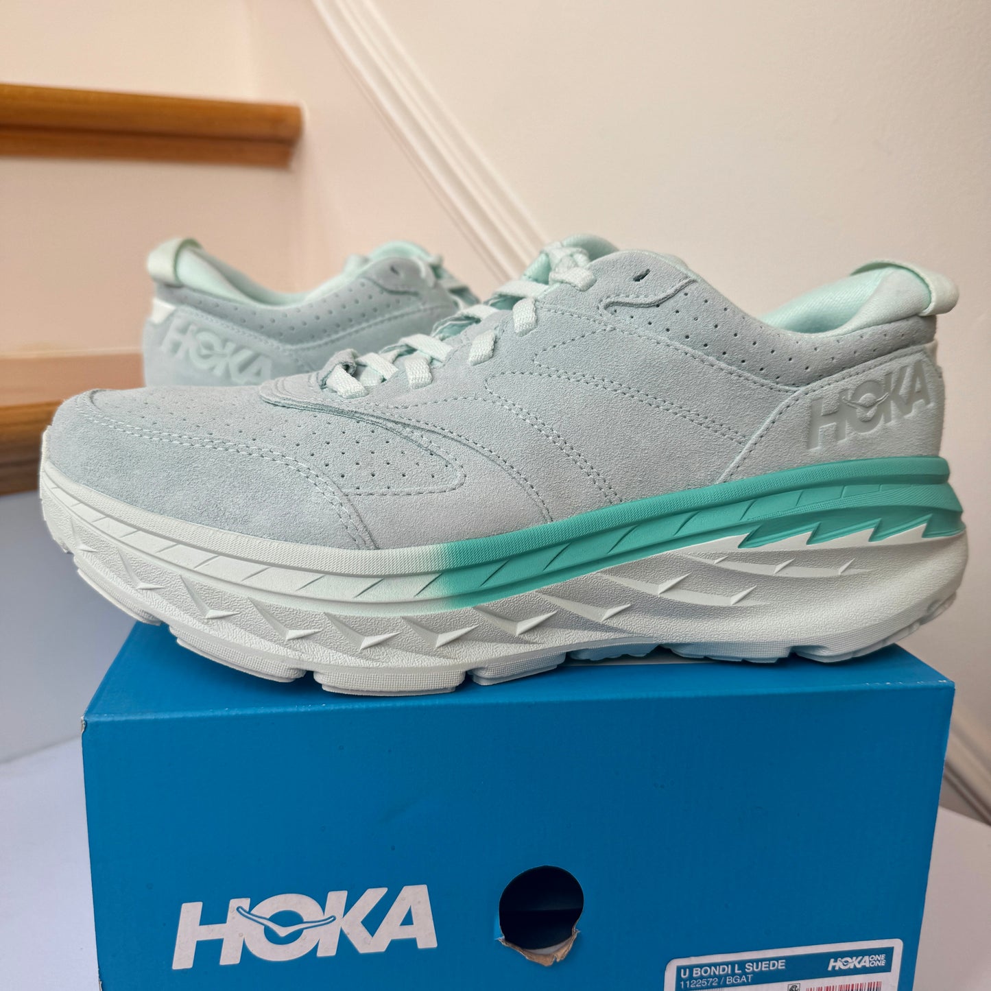 Hoka Bondi L SUEDE Leather U Unisex , Blue Glass / Atlantis Cushioned Shoes