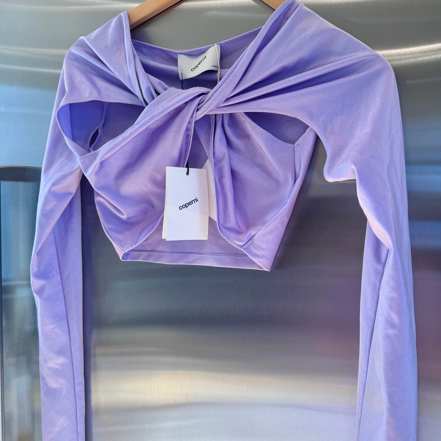 Coperni Lilac Light Purple Twist Cutout Cropped Draped Top Long Sleeve Crop