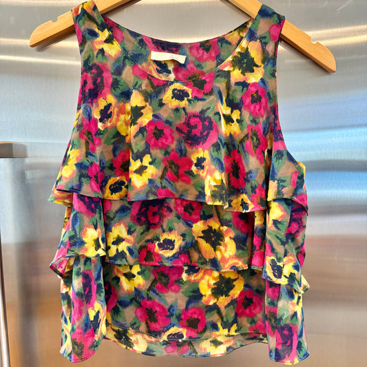 Lush Floral Ruffle Tiered Tank Top Polyester Chiffon Flower Multicolor * Pre-Owned