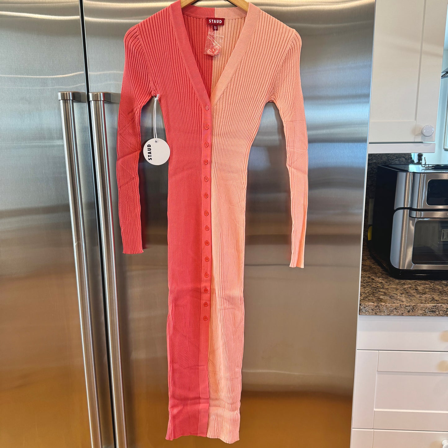 Staud Shoko Sweater Dress in Bittersweet Peach Light Pink Blush Button Down