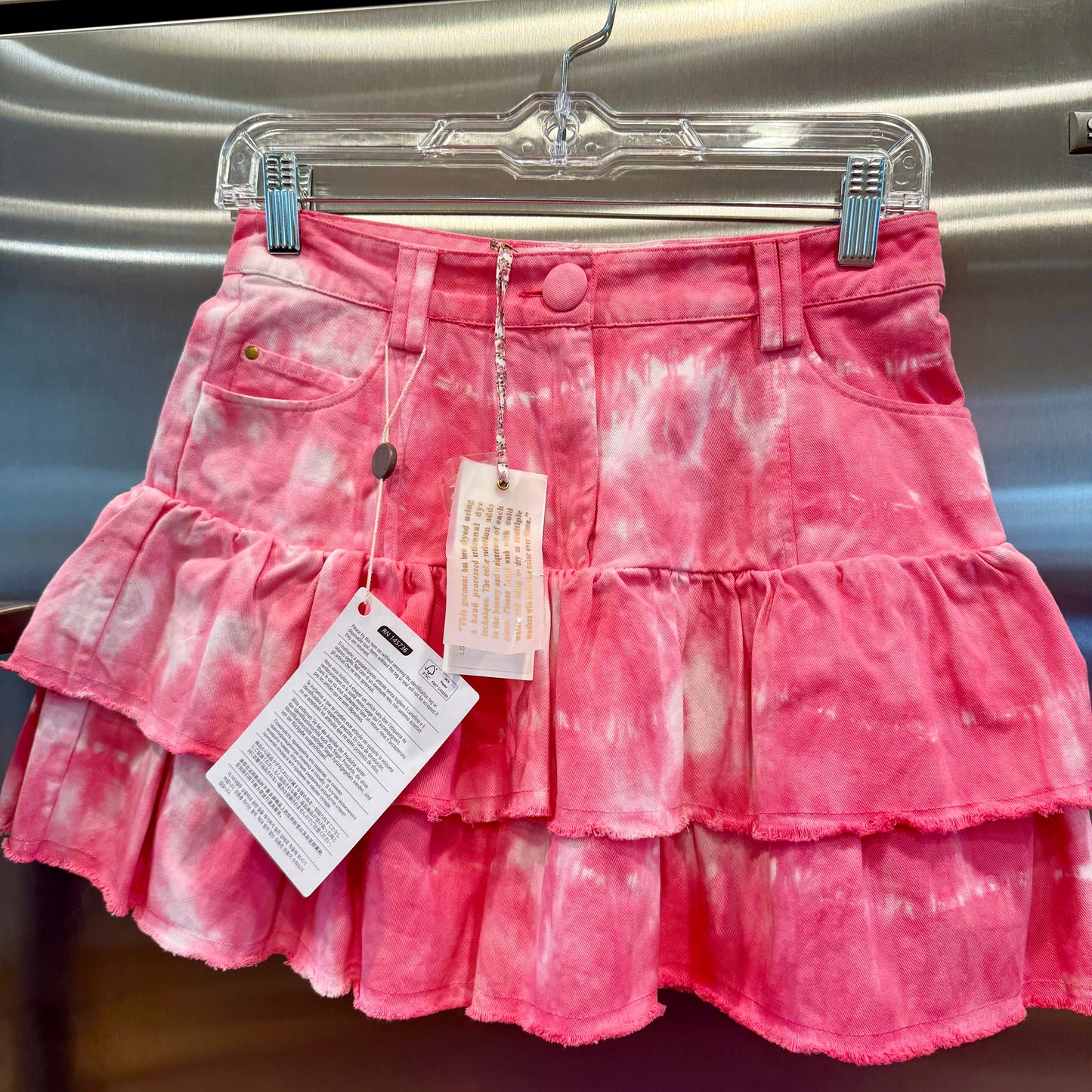 LoveShackFancy Landen Mini Skirt Hibiscus Pink Hand Dye Tiered Ruffle