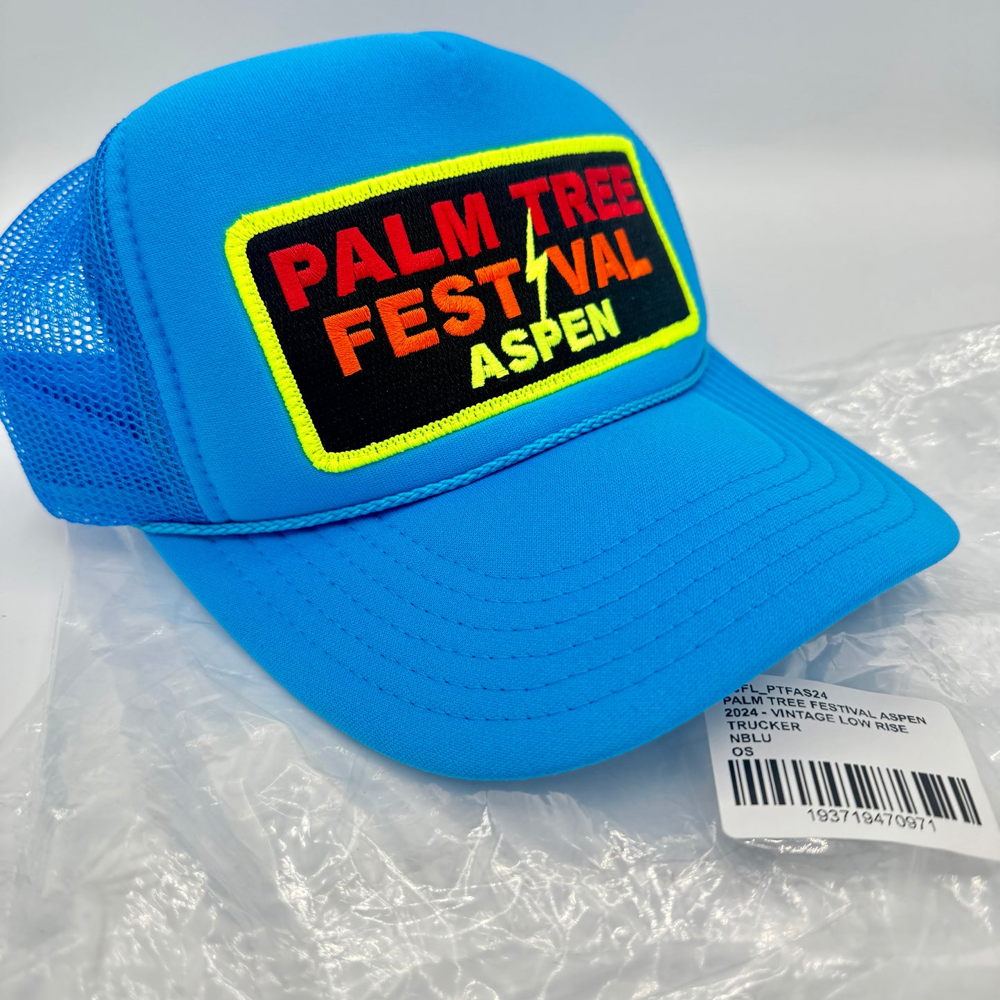 Aviator Nation Palm Tree Festival Aspen Trucker Hat in Neon Blue