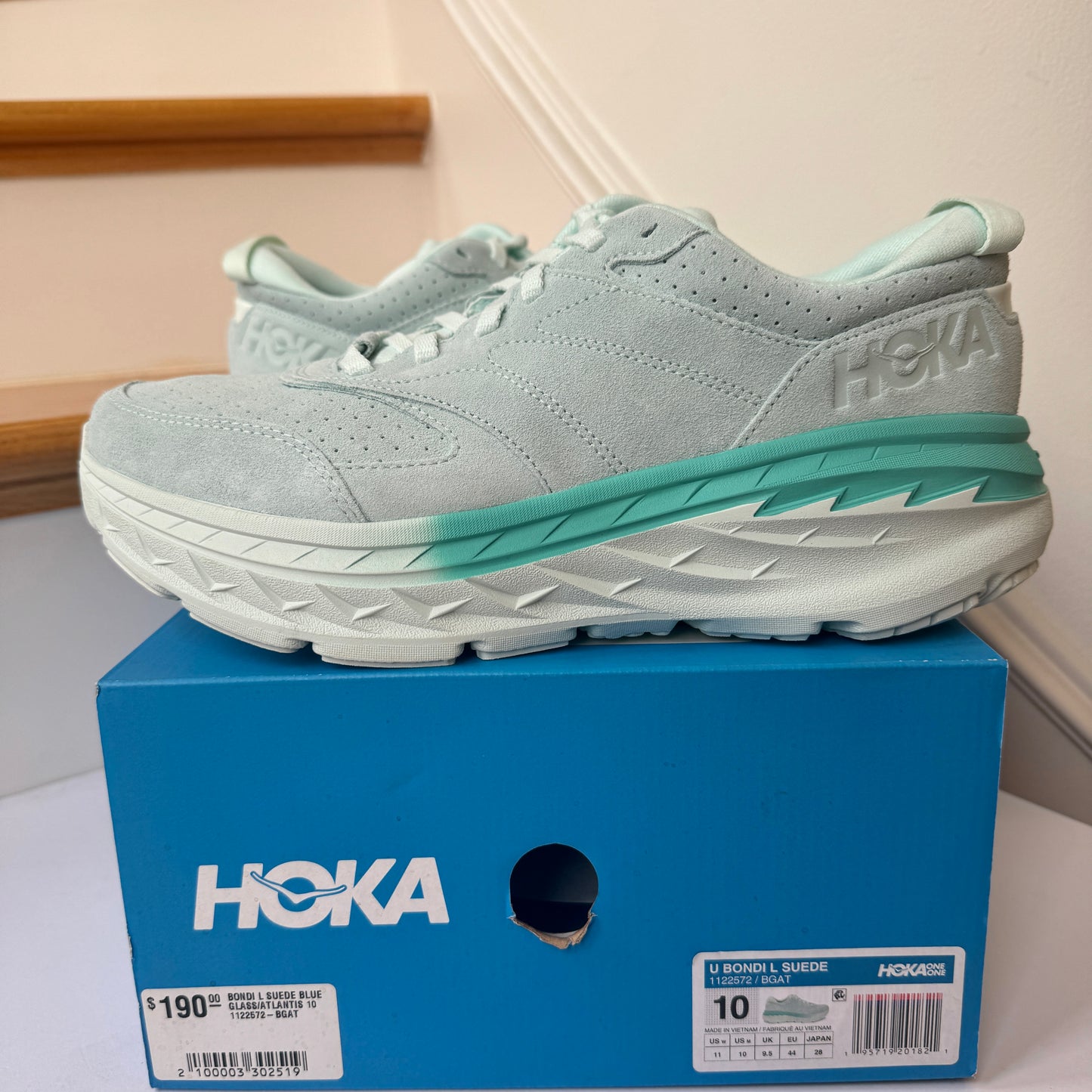 Hoka Bondi L SUEDE Leather U Unisex , Blue Glass / Atlantis Cushioned Shoes