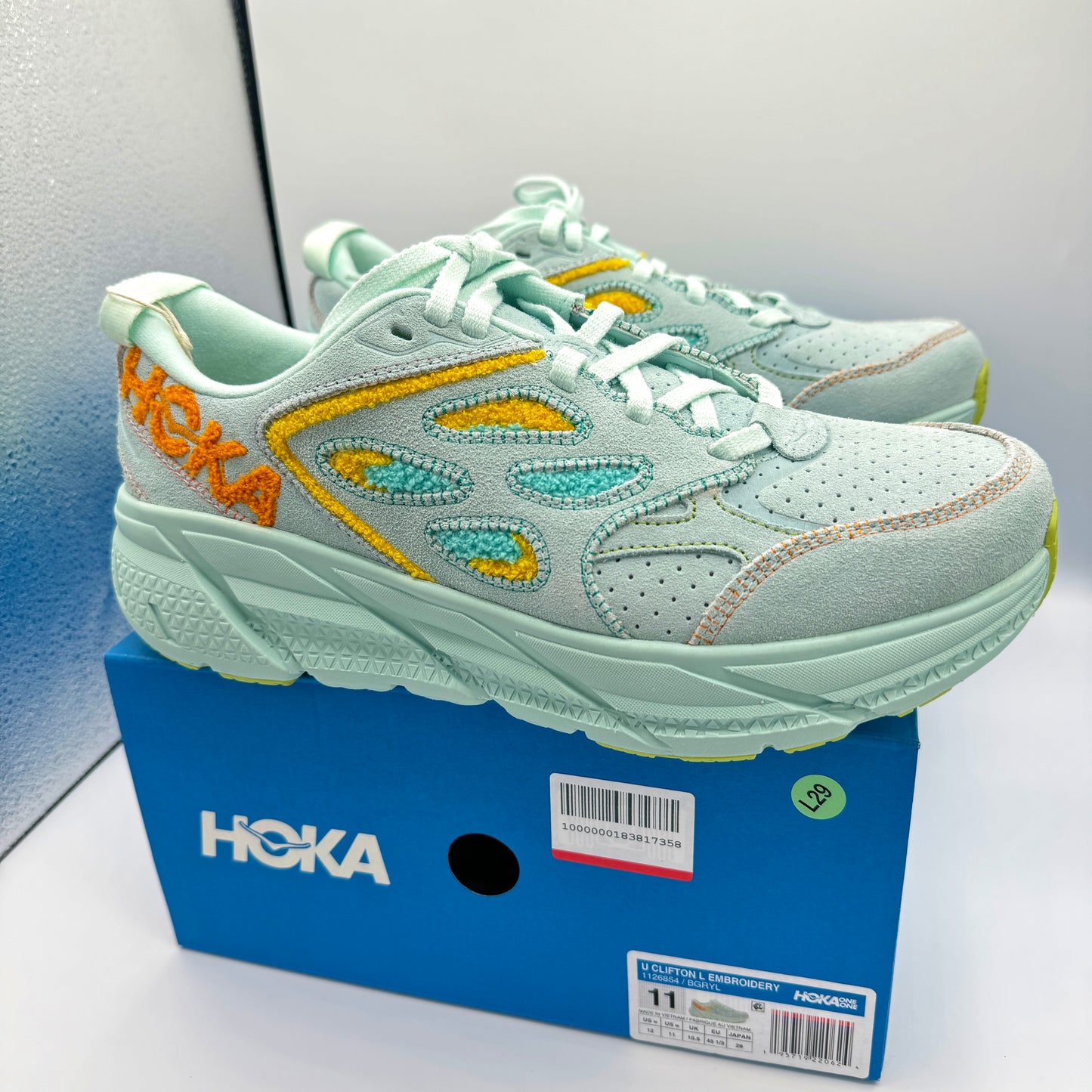 Hoka Clifton L Embroidery UNISEX Shoes Leather blue glass yellow aqua