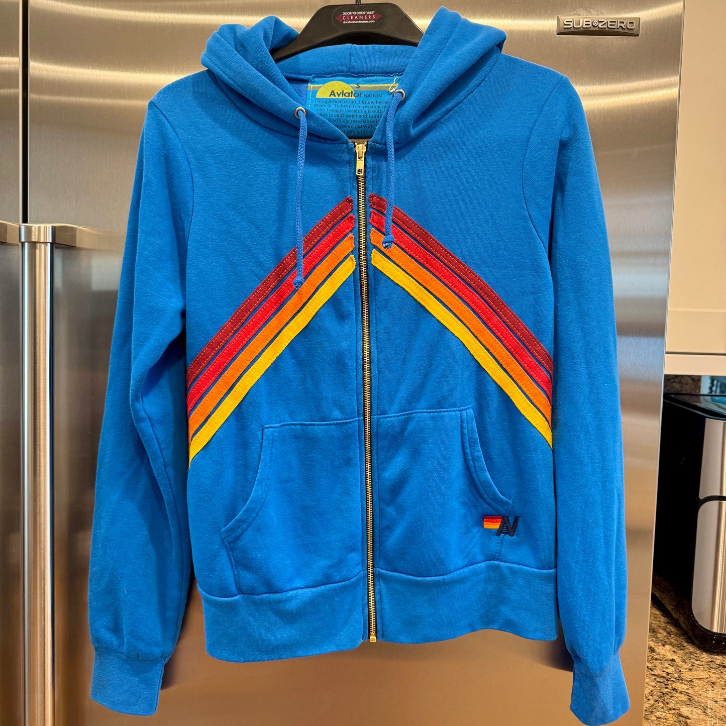 Aviator Nation Mountain Stitch Chevron 4 Stripe Hoodie Jacket Ocean Blue