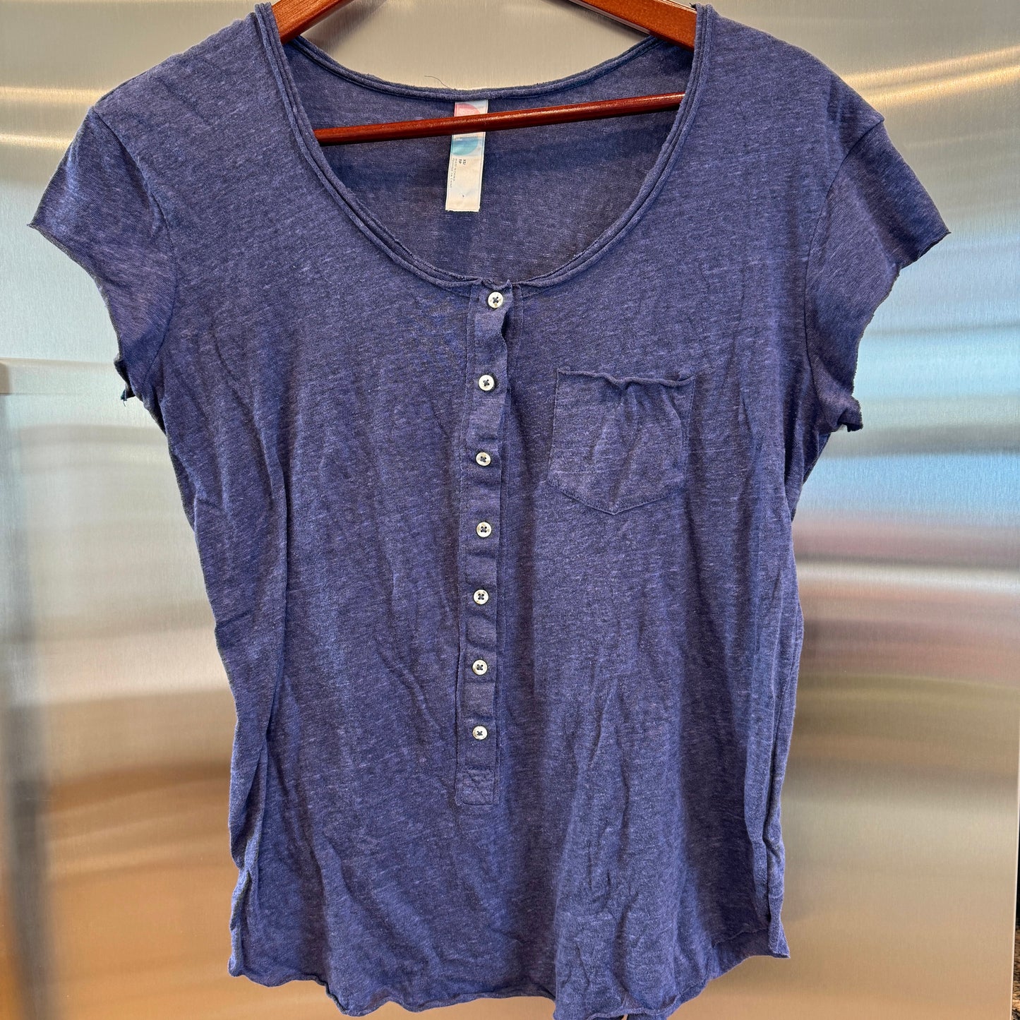 Free People FP Beach Blue Button Down Beachy Tee Shirt Distressed Bohemian Pre-Owned Like New