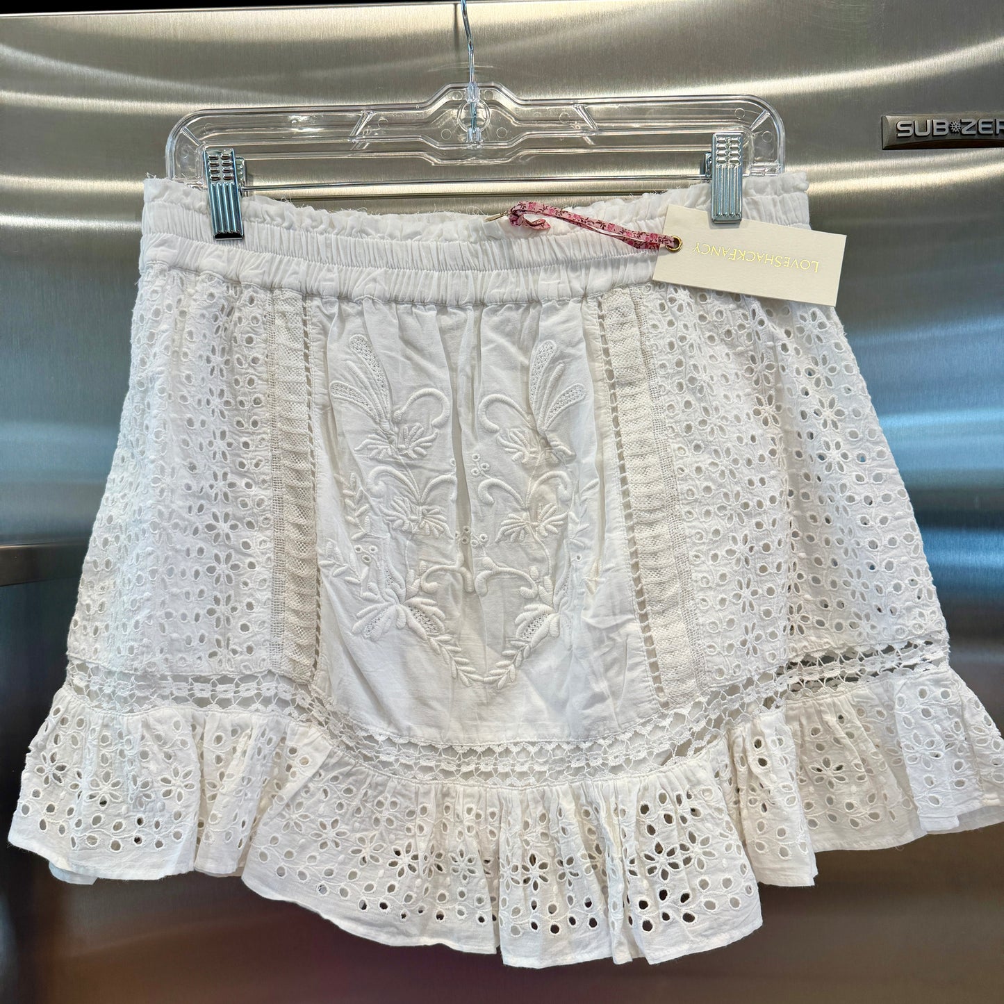 LoveShackFancy Baydar antique White lace eyelet mini skirt brand new