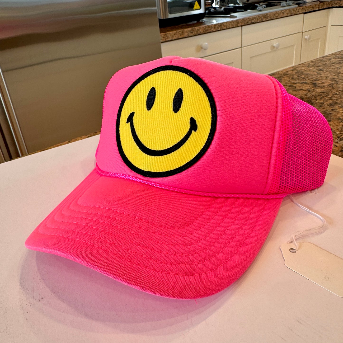 Aviator Nation Pink Trucker Hat Smiley Face embroidered patch smile Neon