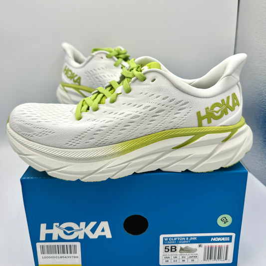 Hoka Clifton 8 Running shoes brand new white lime green womens HJK