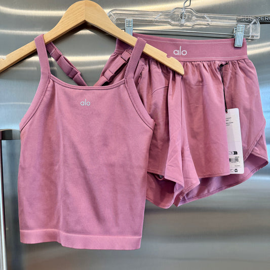 Alo Matching Set- Match Point Shorts and Seamless Ribbed Favorite Full Length Bra Tank Top in Pink Wild Rose