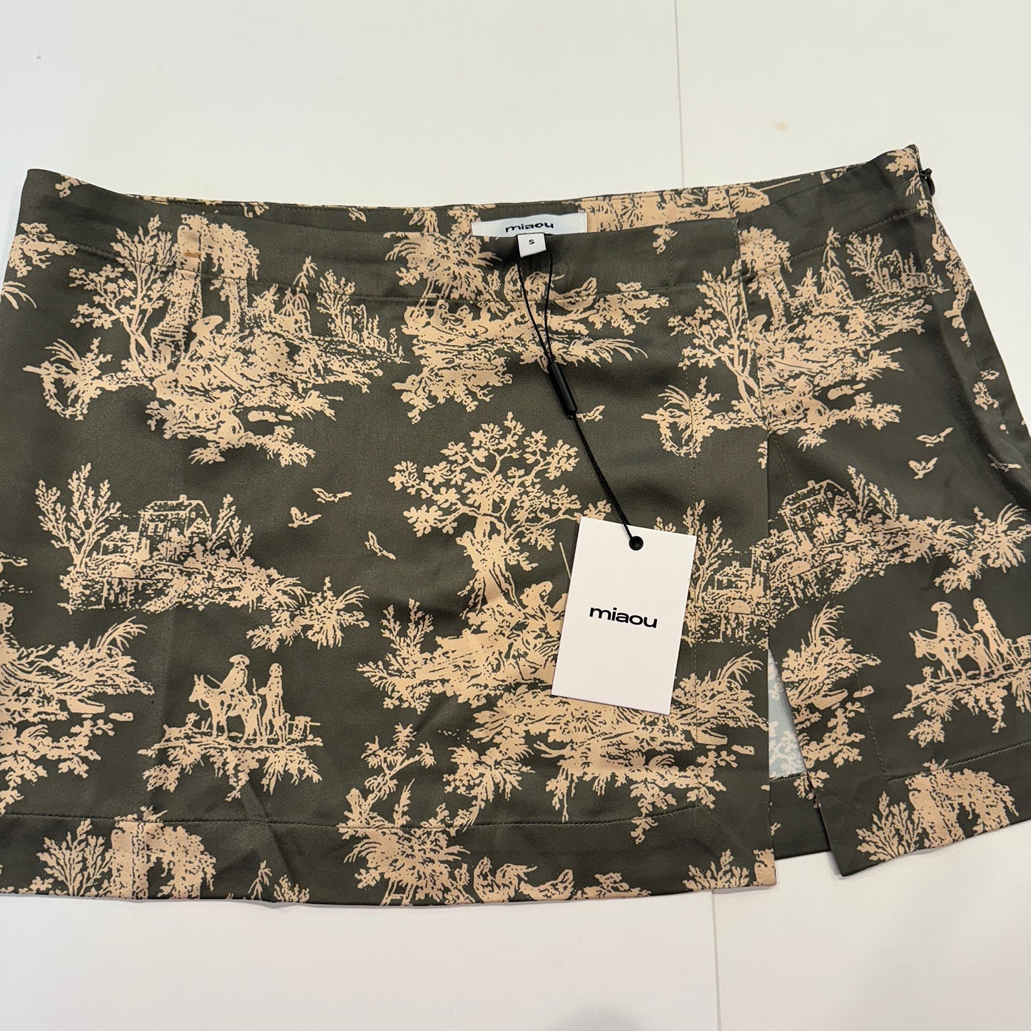 Miaou Mini Skirt in Moss Toile Green Micro Skirt with Slit