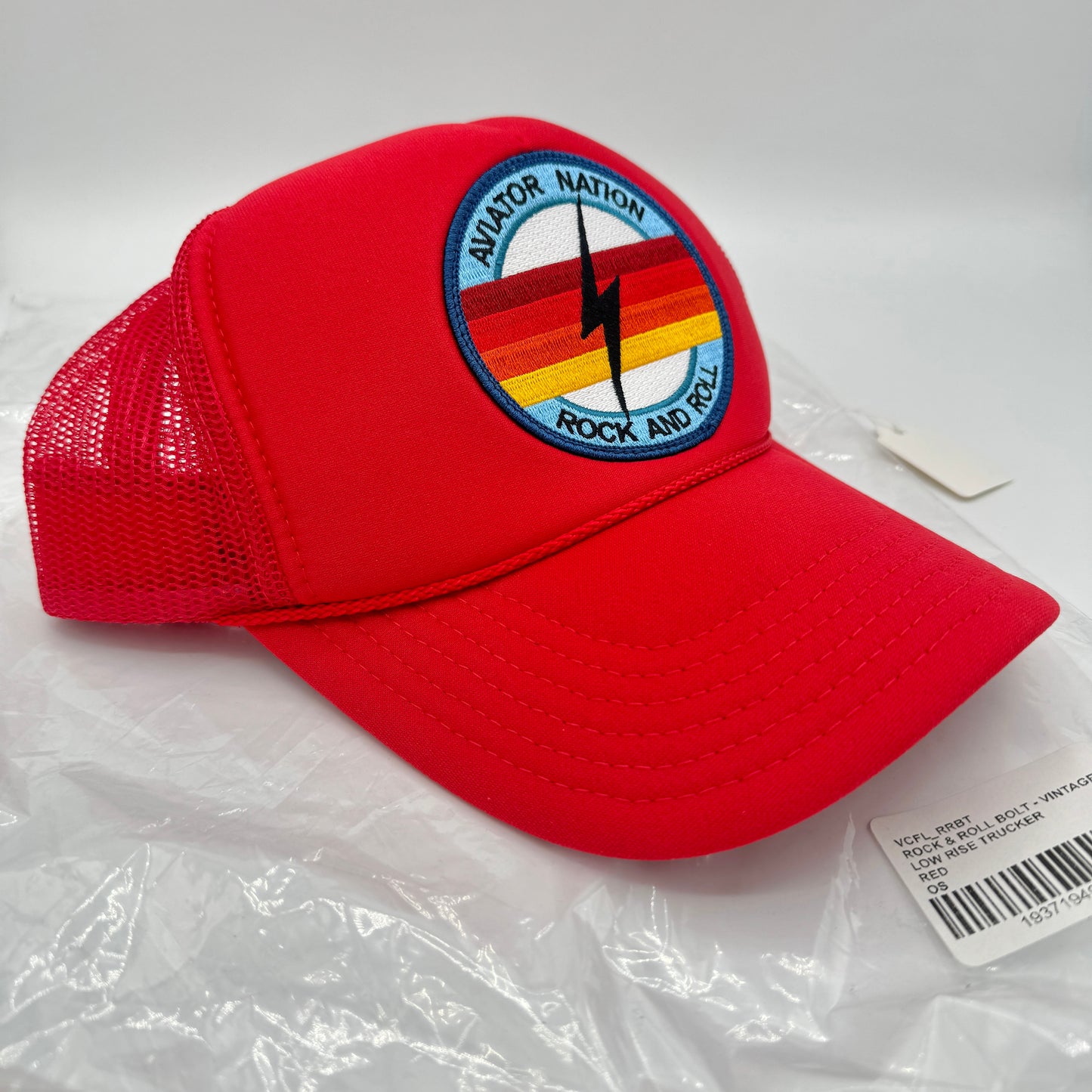 Aviator Nation Bolt Trucker Hat in Red with Rock and roll logo patch