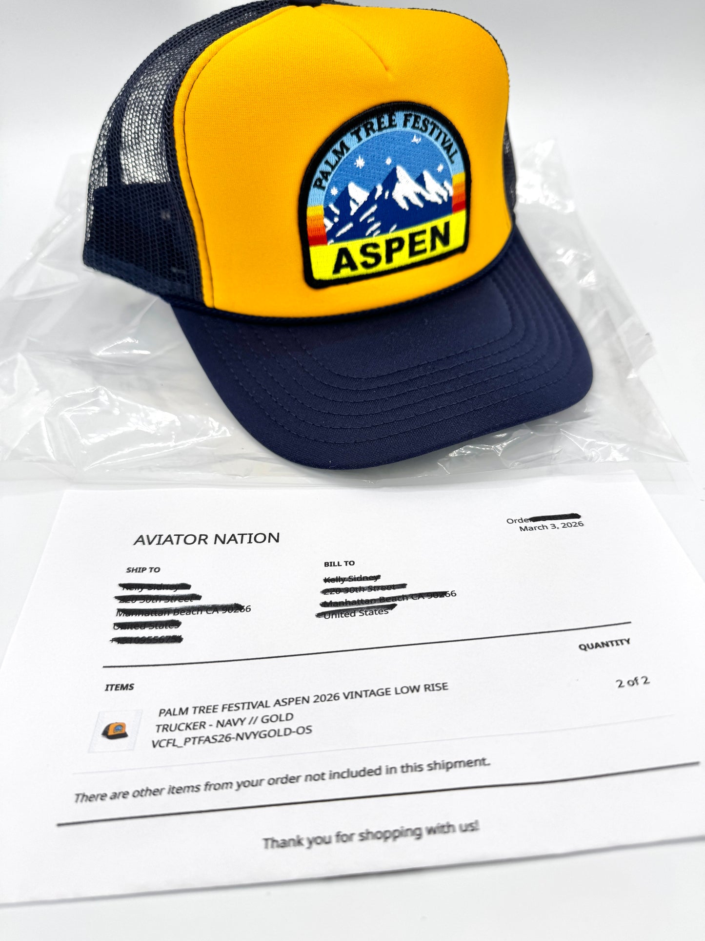 Aviator Nation Aspen Palm Tree Festival Trucker Hat - Navy / Gold