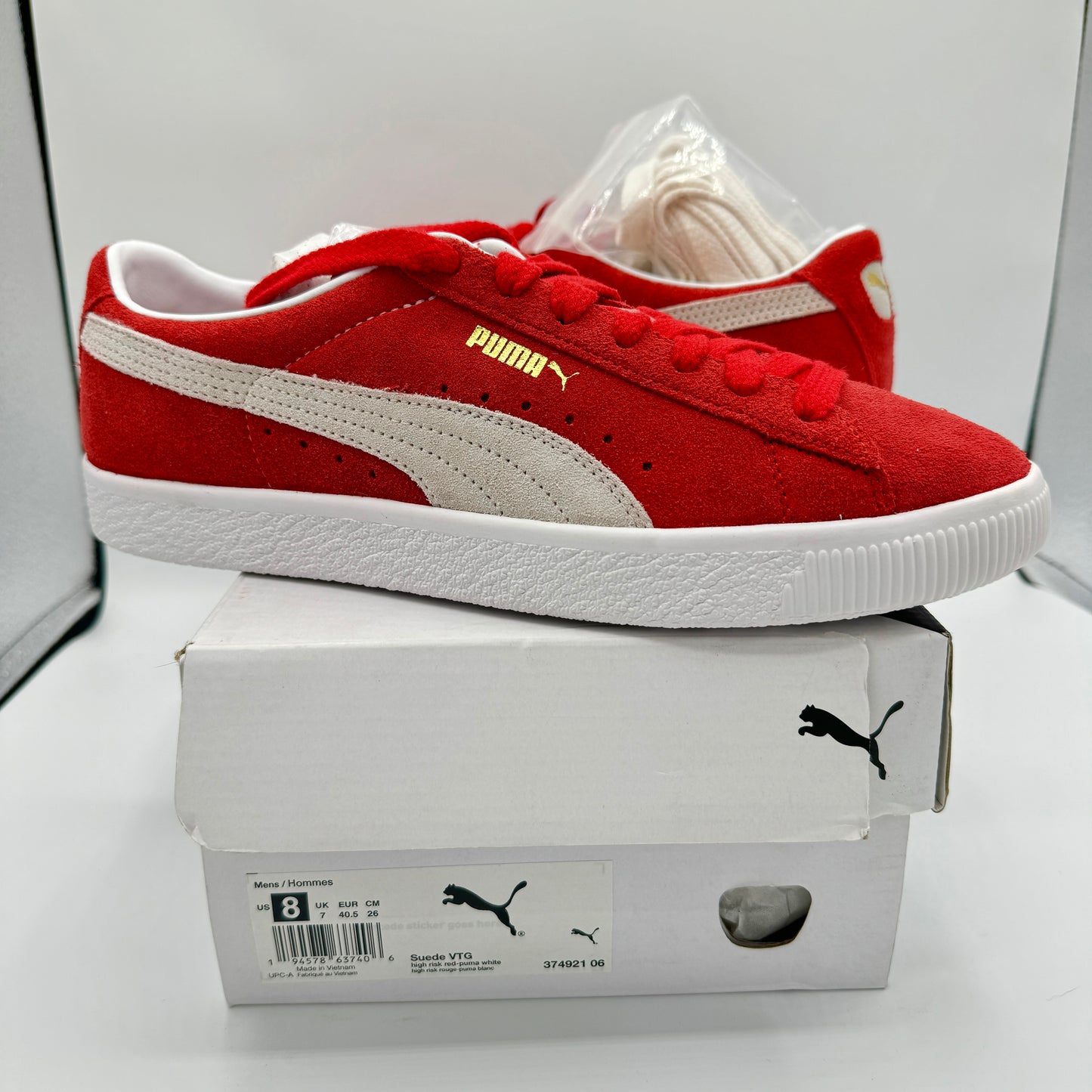 Puma Suede VTG Textured Leather Sneakers , extra laces , high risk red white