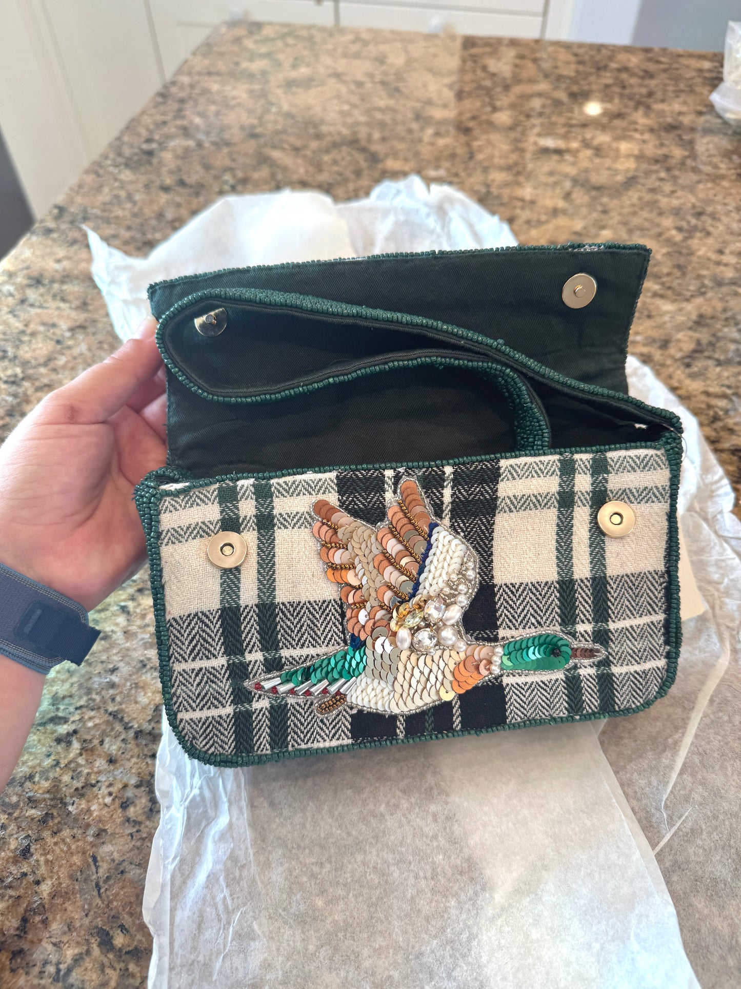 Anthropologie Green Plaid Flannel Fiona Beaded Bag Animal Edition Duck Purse