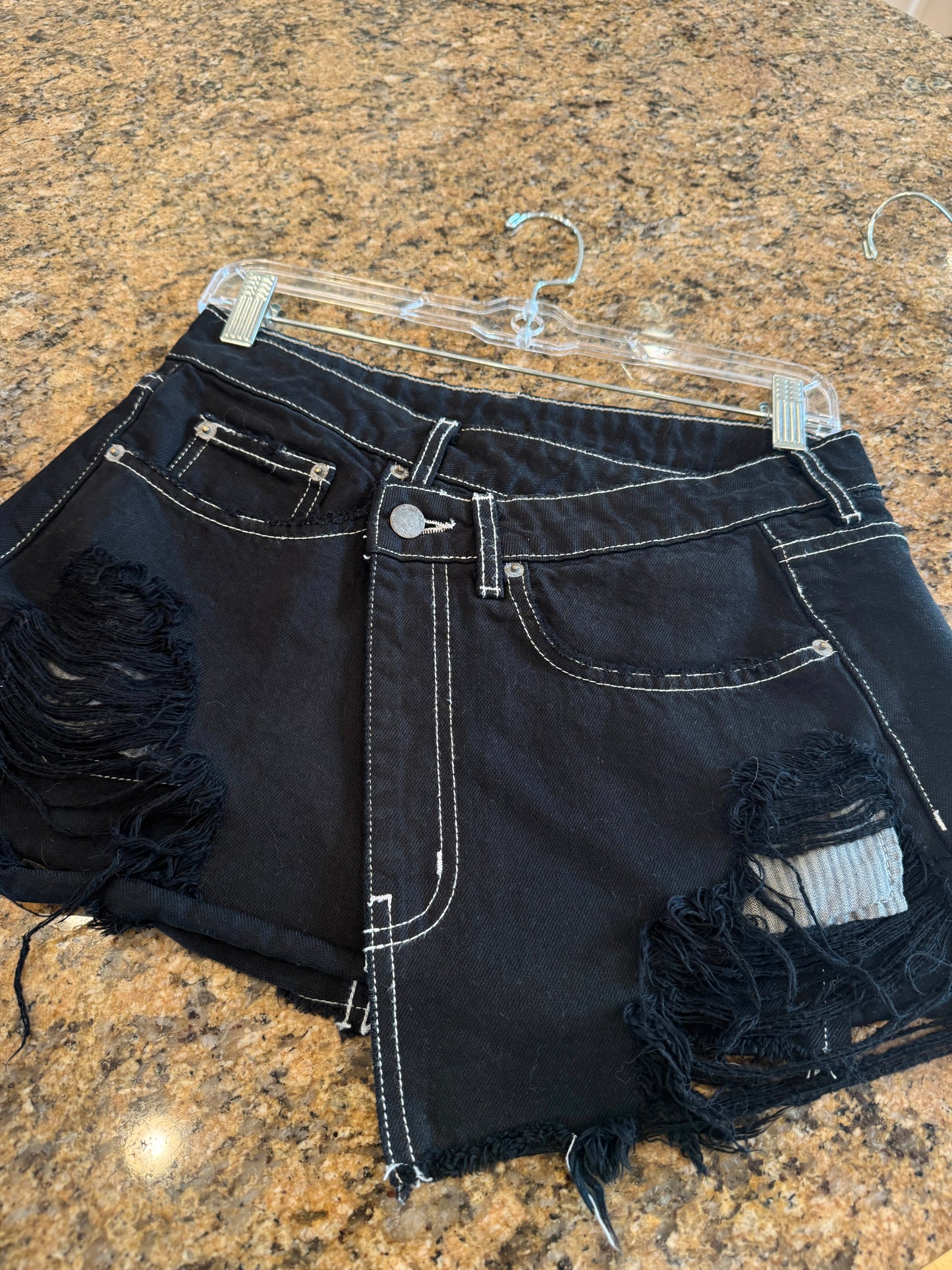 Carmar LF Asymmetrical Black Denim Mini Skirt Distressed Jean Skirt * Pre-Owned *