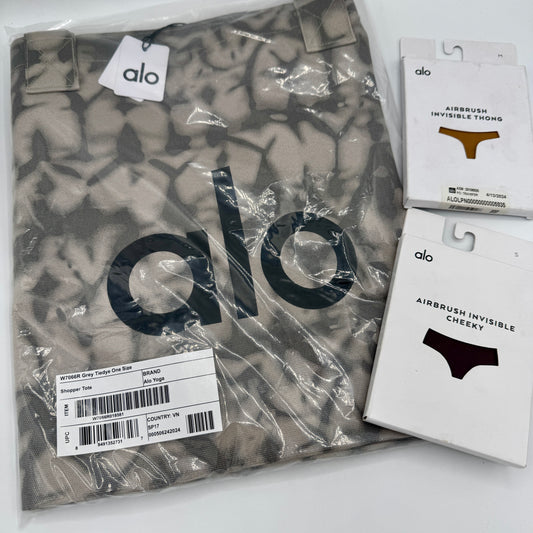 ALO Yoga Bundle (2) Panties + Shopper Tote Bag in Grey Tiedye Brand New