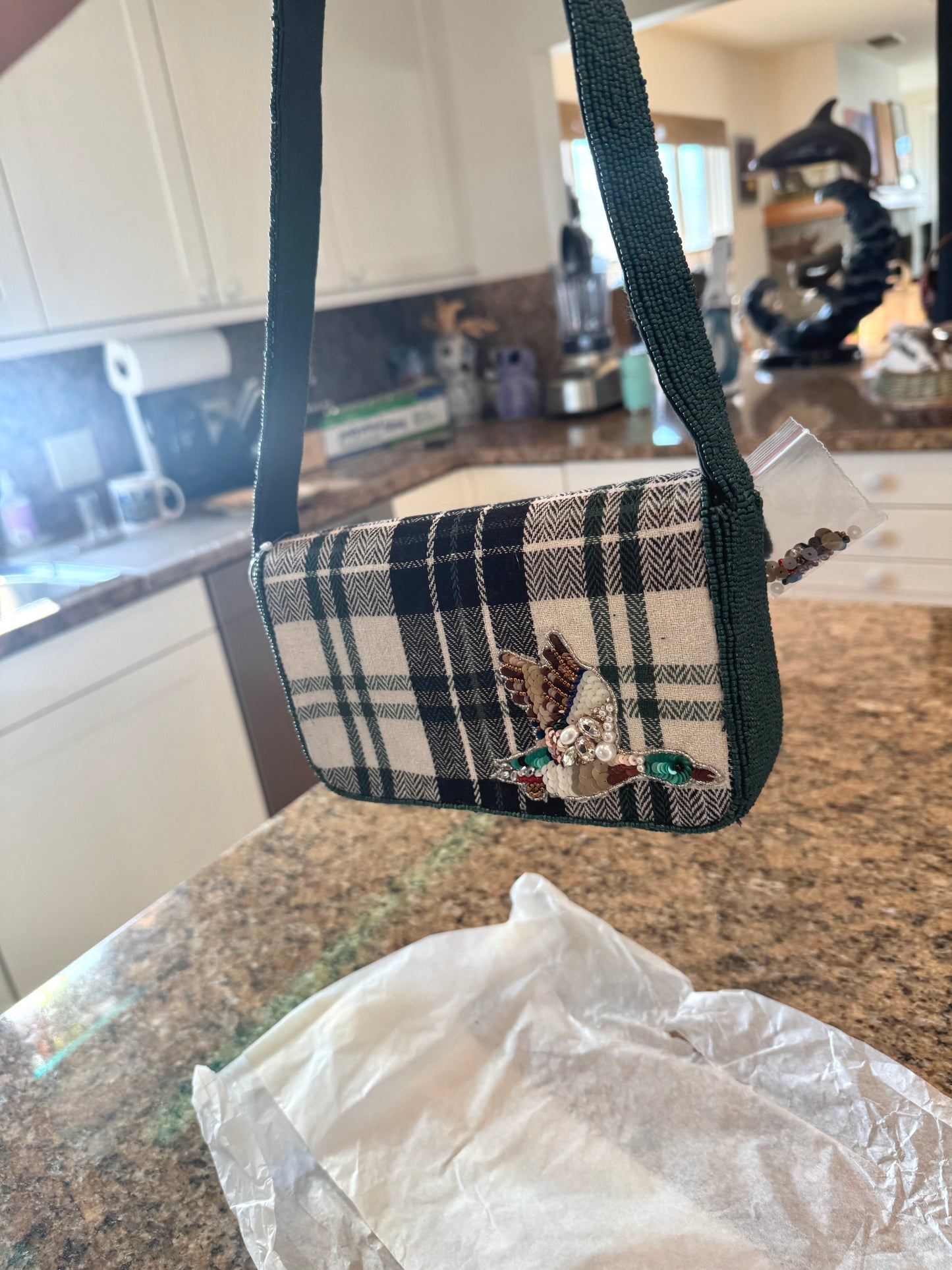 Anthropologie Green Plaid Flannel Fiona Beaded Bag Animal Edition Duck Purse