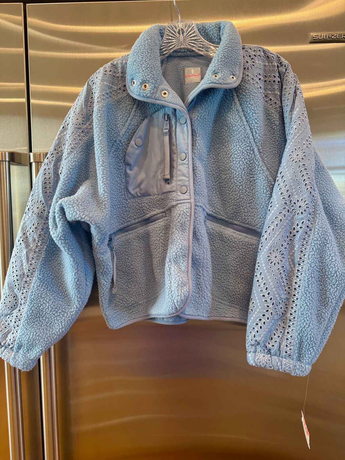 Free People Hit The Slopes Eyelet Fleece Jacket - Denim Rinse Blue