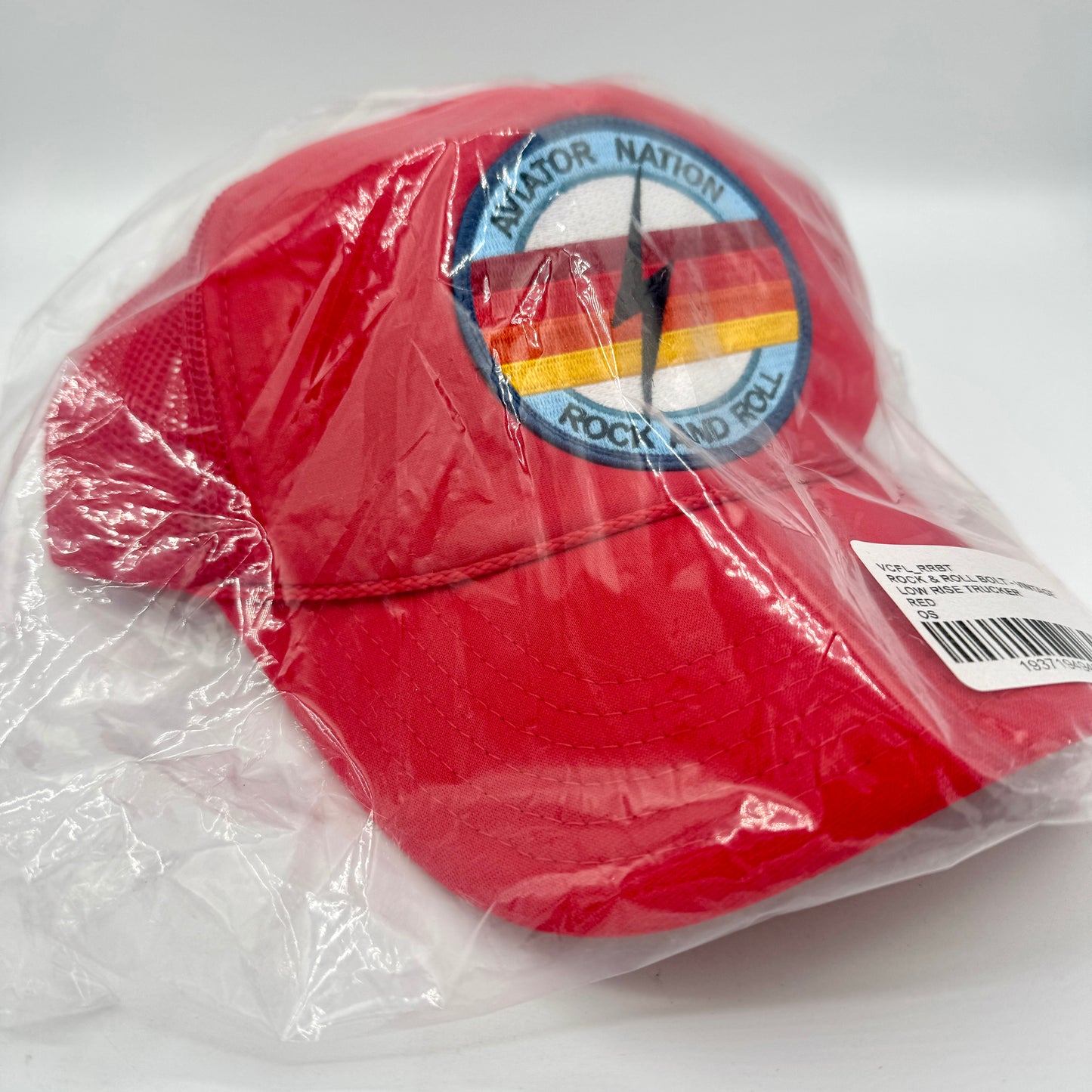 Aviator Nation Bolt Trucker Hat in Red with Rock and roll logo patch