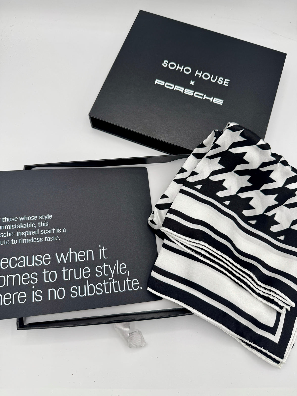 Porsche x Soho House Satin Pepita Black / White Houndstooth Heritage Pasha Scarf Bandana