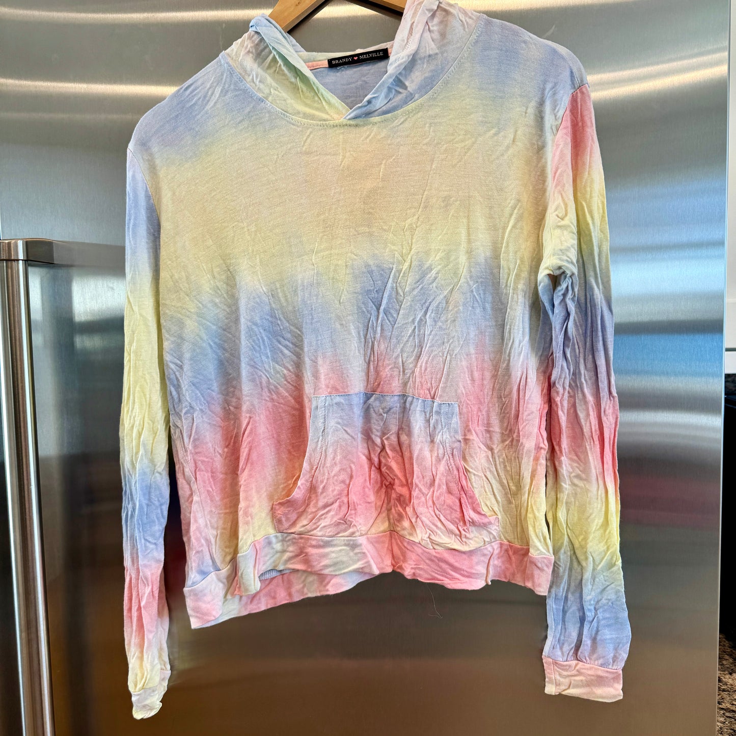 Brandy Melville Tyedye Rainbow Pastel Pullover Hoodie Tie-dye blue yellow *Pre-Owned