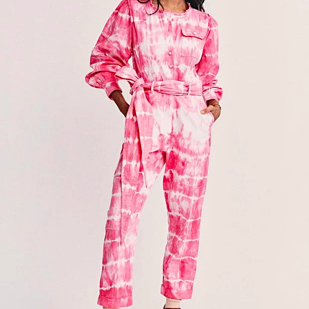 LoveShackFancy Paca Jumpsuit in Hibiscus Hand Dyed Pink white Tie-dye