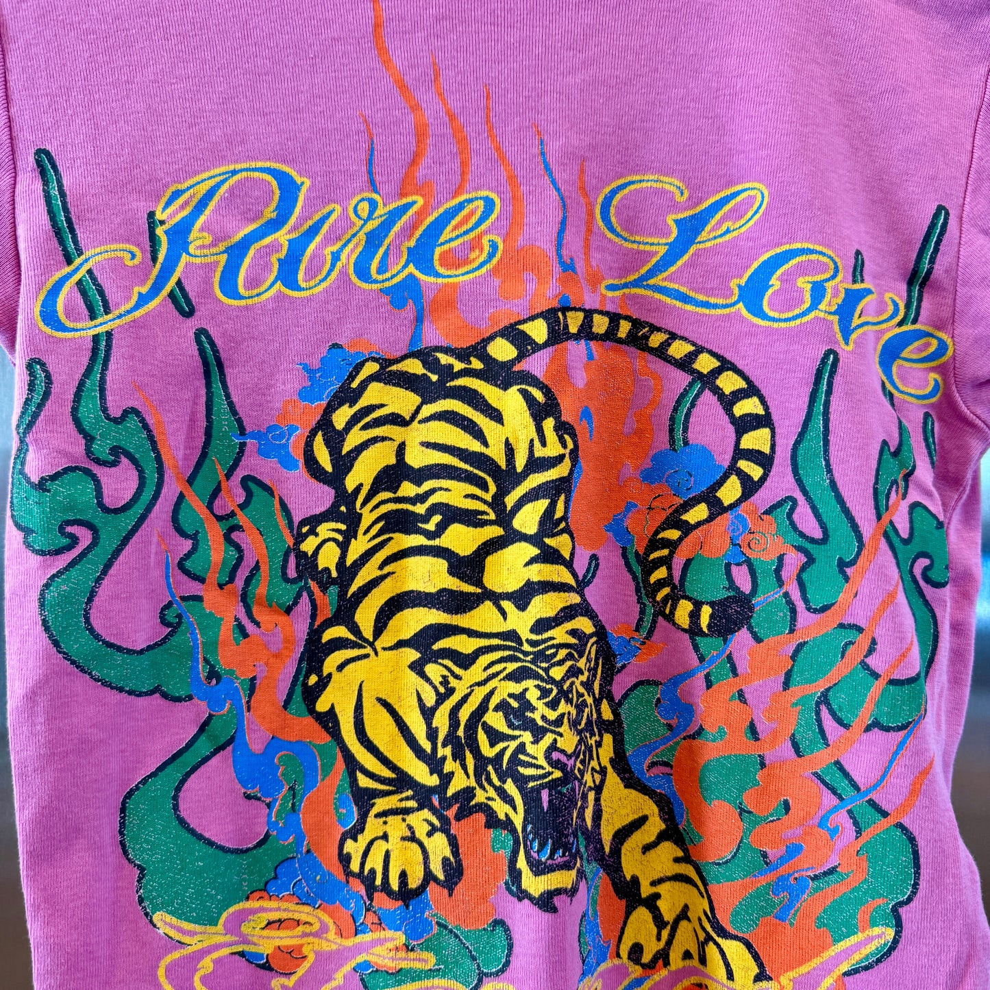 Urban Outfitters Pure Love Tiger Shrunken Baby Tee Crop Top Pink Distressed Excellent Pre-Owned Condition