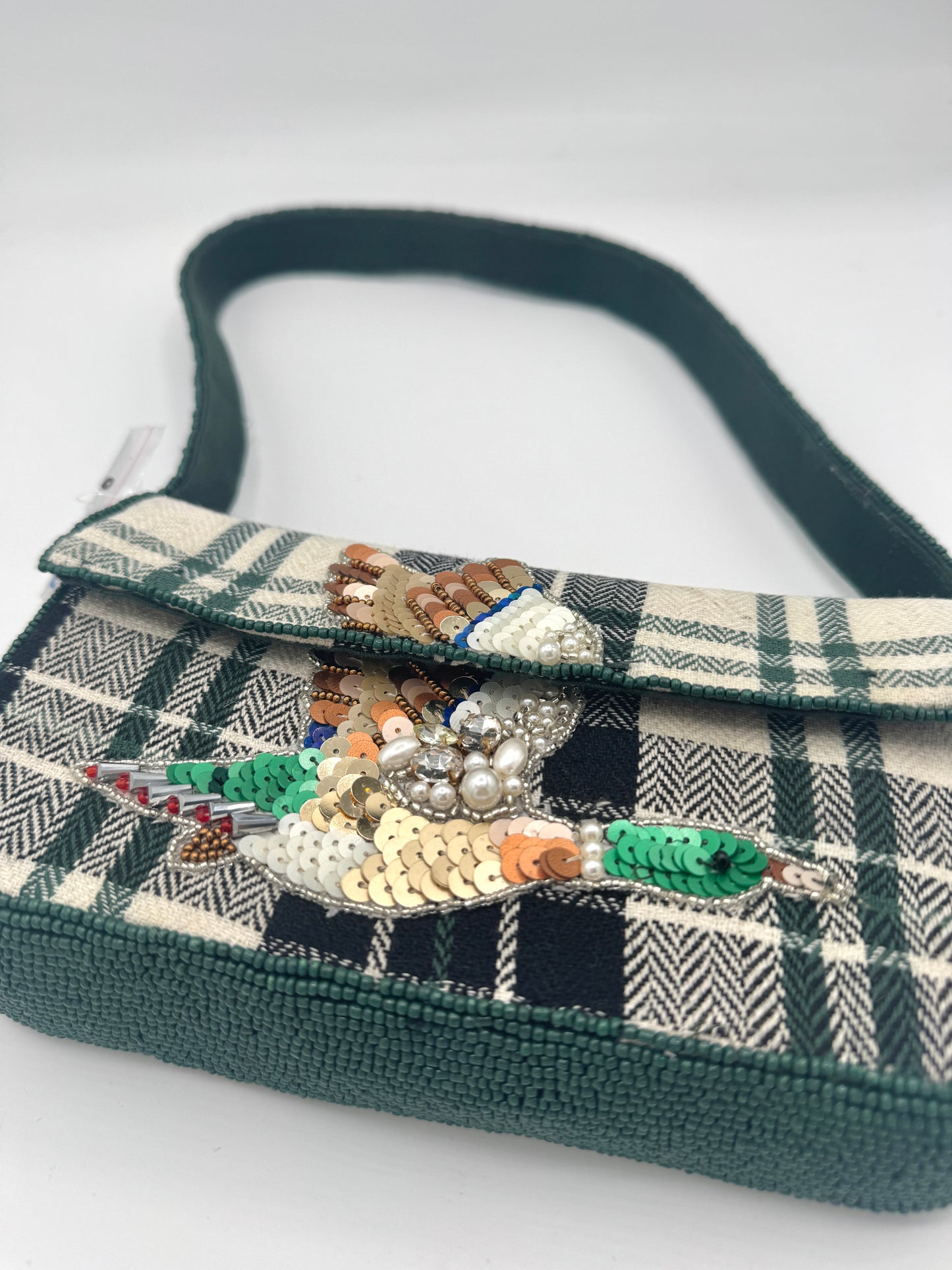 Anthropologie Green Plaid Flannel Fiona Beaded Bag Animal Edition Duck Purse